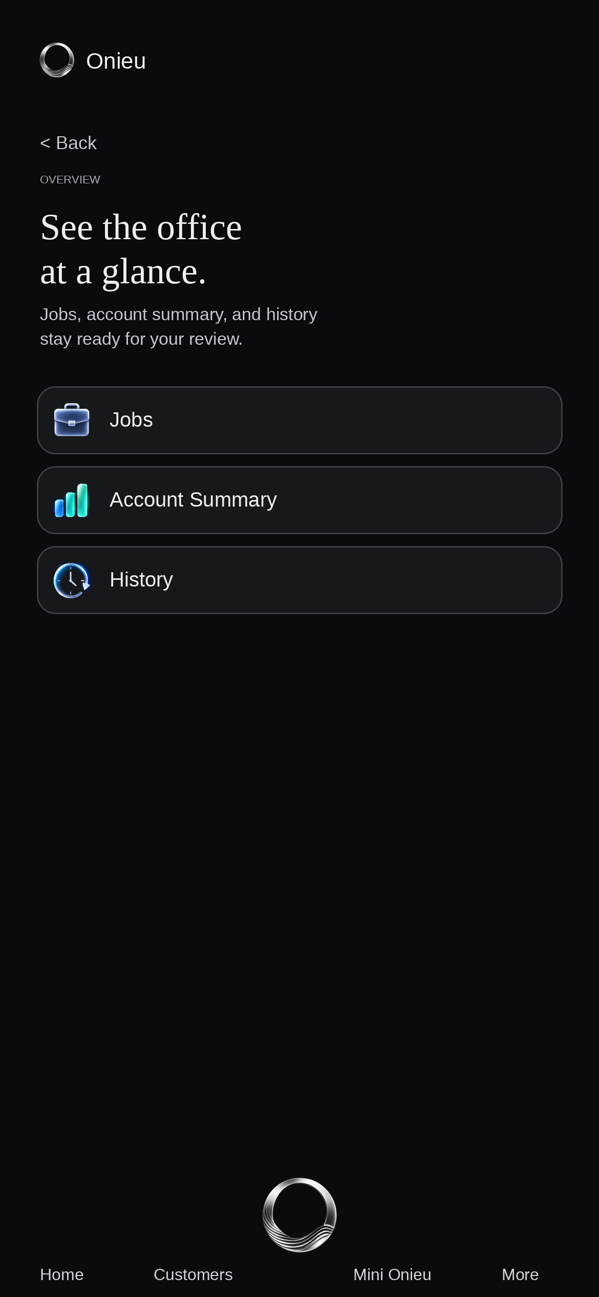 Onieu Overview with jobs, account summary, and history.